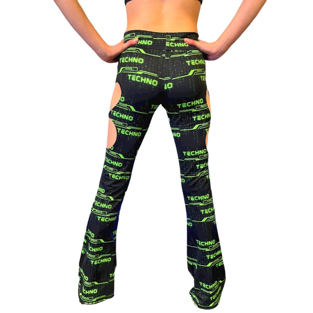 GREEN TECHNO | Cut Out Flare Bell Bottom Pants, Festival Bottoms, Rave Pants, Yoga Pants
