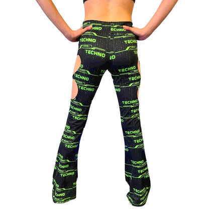 GREEN TECHNO | Cut Out Flare Bell Bottom Pants, Festival Bottoms, Rave Pants, Yoga Pants