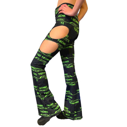 GREEN TECHNO | Cut Out Flare Bell Bottom Pants, Festival Bottoms, Rave Pants, Yoga Pants