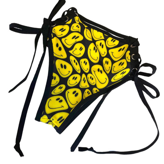 YELLOW Happy | High Waisted High Cut Side Tie Bottoms, Festival Bottoms, Rave Bottoms, Black Rave Outfit
