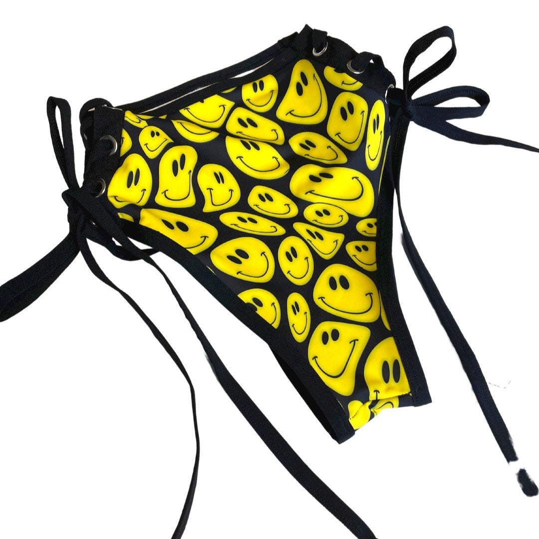YELLOW Happy | High Waisted High Cut Side Tie Bottoms, Festival Bottoms, Rave Bottoms, Black Rave Outfit