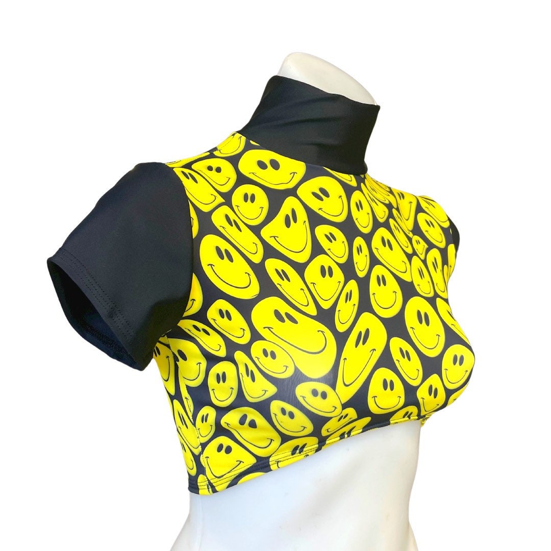 YELLOW HAPPY | Underboob Mock Neck Crop Top, Women's Festival Top, Rave Top