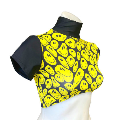 YELLOW HAPPY | Underboob Mock Neck Crop Top, Women's Festival Top, Rave Top