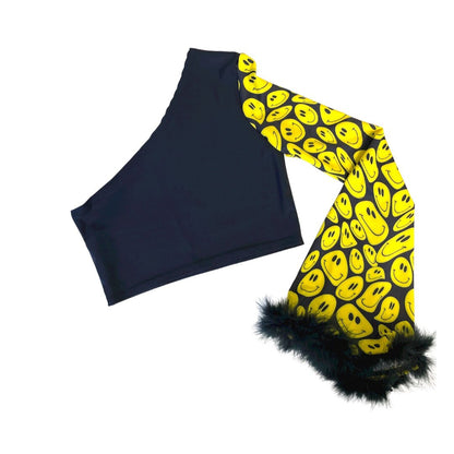 YELLOW HAPPY | One Shoulder Bell sleeve top with Fluff Women's Festival Top, Rave Top