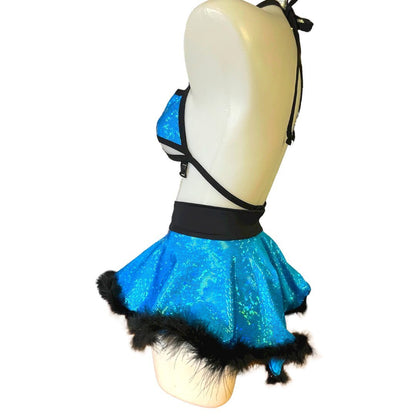 ALICE BLUE | High Low Circle Skirt, Rave Skirt, Festival Bottom with Fluff Trim