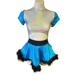 ALICE BLUE | High Low Circle Skirt, Rave Skirt, Festival Bottom with Fluff Trim
