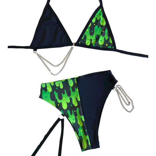 ALL THE SLIME  | Mismatch Triangle Chain Top + High Waisted High Cut Chain Bottoms with Leg Wrap, Women's Festival Outfit, Rave Set