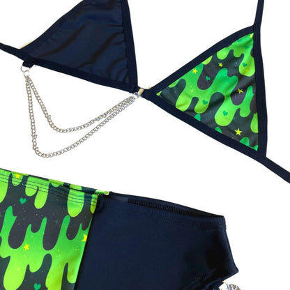ALL THE SLIME  | Mismatch Triangle Chain Top + High Waisted High Cut Chain Bottoms with Leg Wrap, Women's Festival Outfit, Rave Set