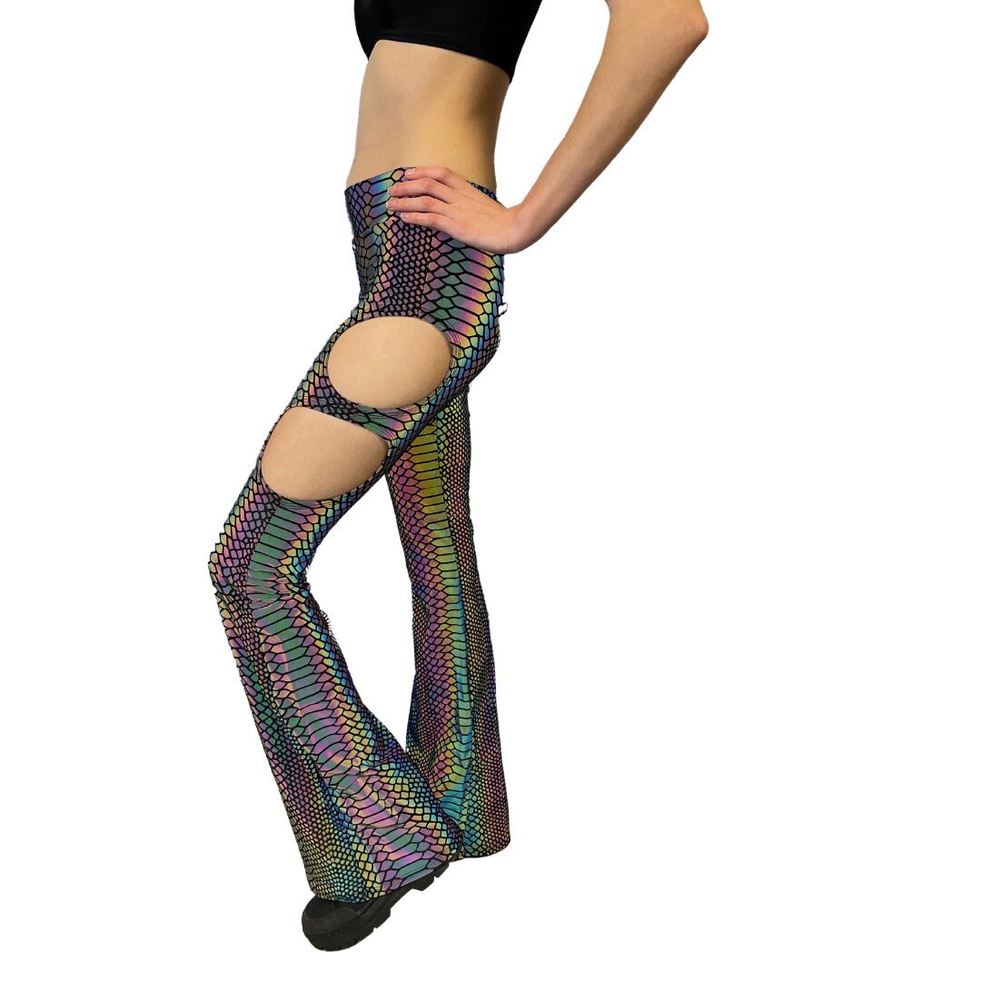 SLITHER FLARES| Cut Out Reflective Flare Bell Bottom Pants, Festival Bottoms, Rave Pants, Yoga Pants