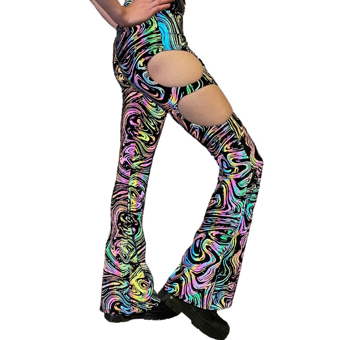 OIL SPILL FLARES| Cut Out Reflective Flare Bell Bottom Pants, Festival Bottoms, Rave Pants, Yoga Pants
