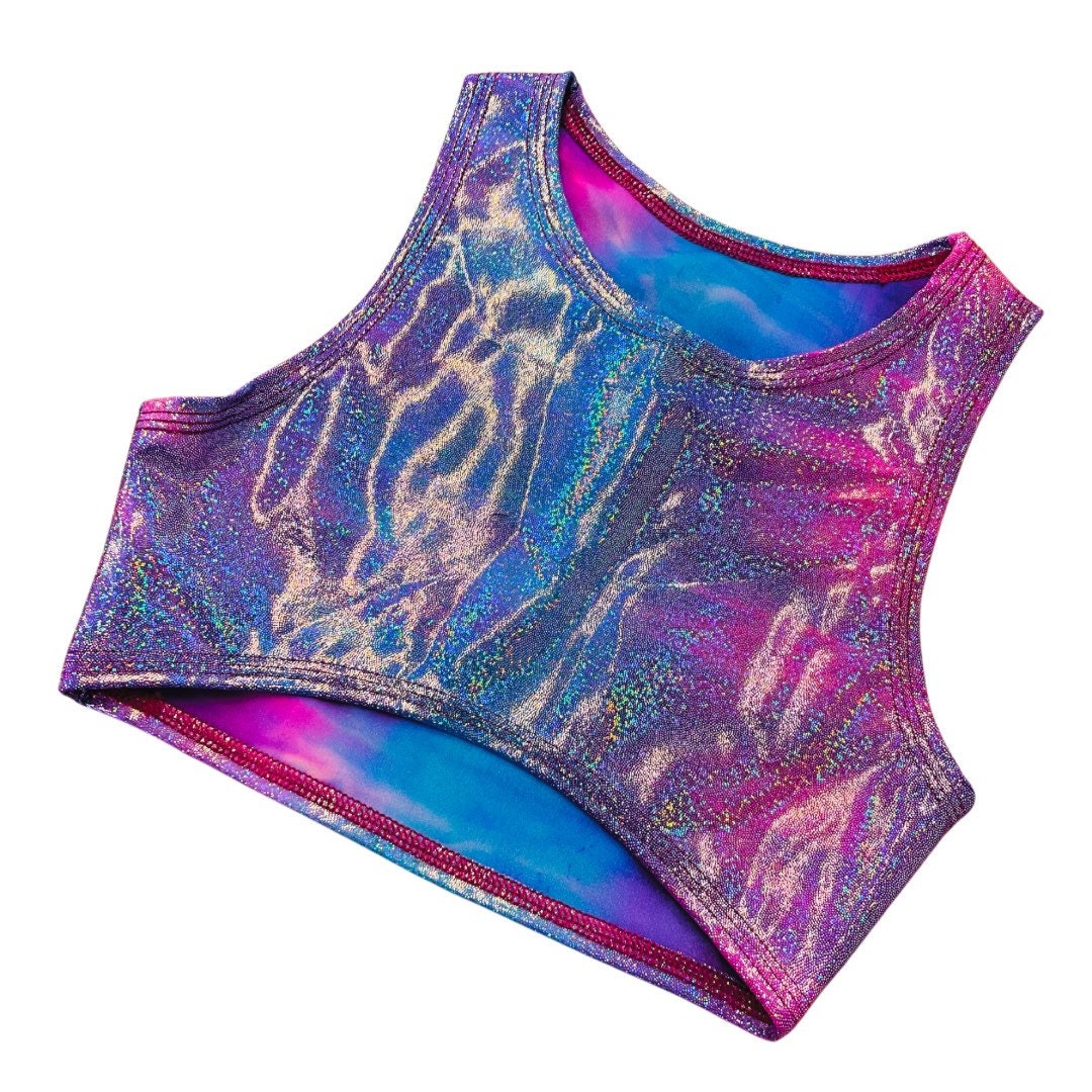 FESTIE BESTIE| Pink/Blue Holographic Underboob Sporty Crop Top, Women's Festival Top, Rave Top