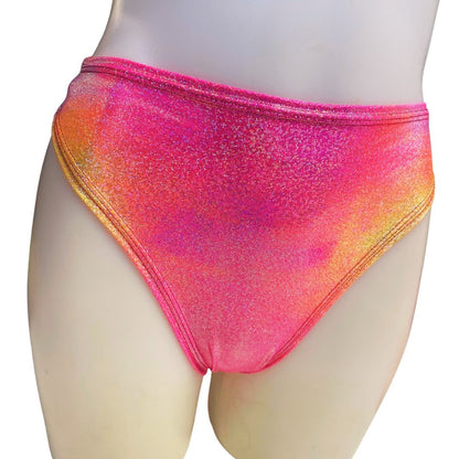 FESTIE BESTIE | Pink/Orange Holographic High Waisted High Cut Bottoms, Festival Bottoms, Rave Bottoms, Rave Outfit