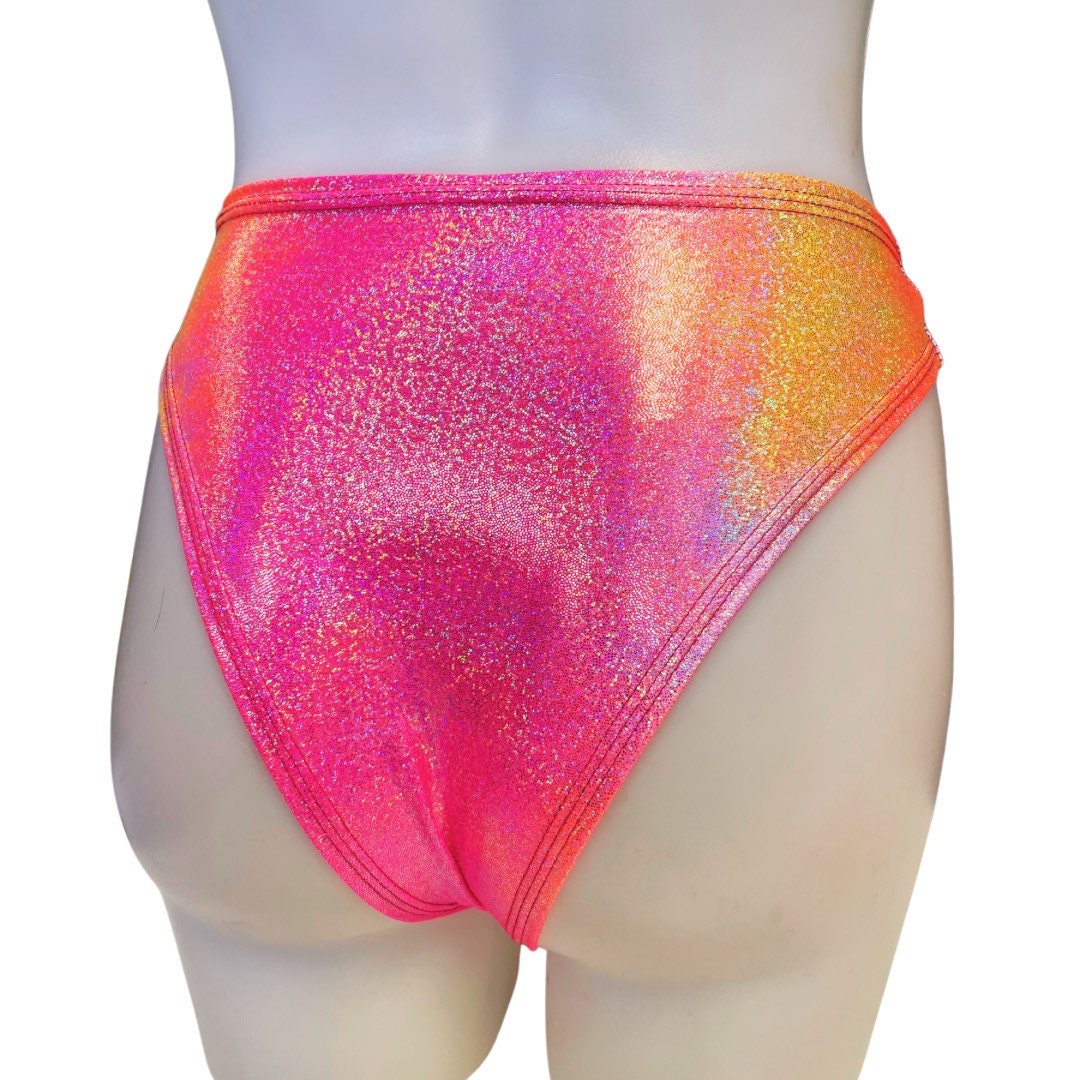 FESTIE BESTIE | Pink/Orange Holographic High Waisted High Cut Bottoms, Festival Bottoms, Rave Bottoms, Rave Outfit