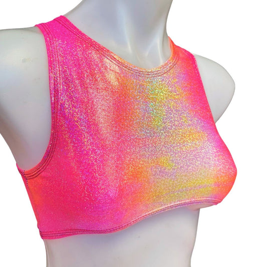 FESTIE BESTIE| Pink/Orange Holographic Underboob Sporty Crop Top, Women's Festival Top, Rave Top