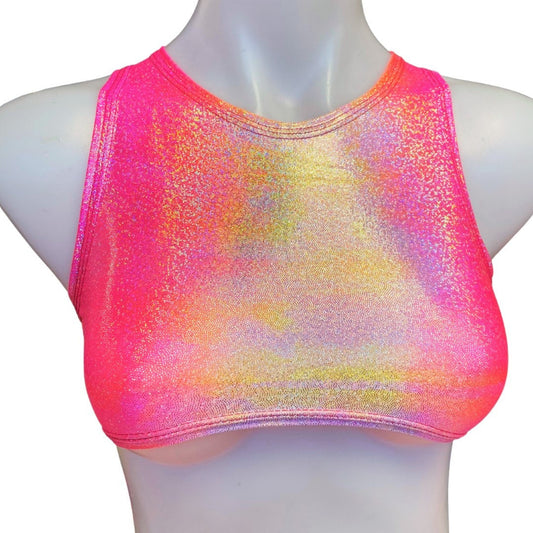 FESTIE BESTIE| Pink/Orange Holographic Underboob Sporty Crop Top, Women's Festival Top, Rave Top