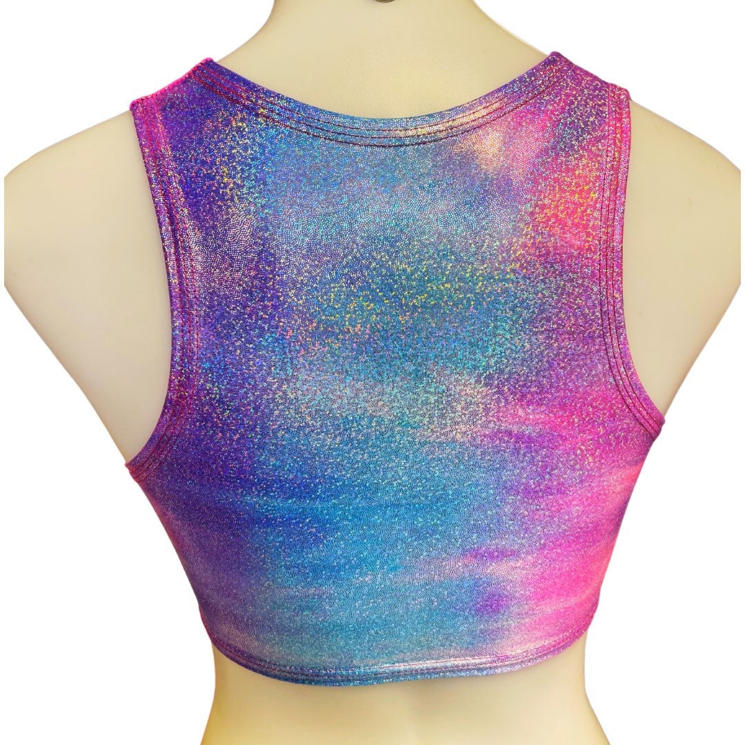 FESTIE BESTIE| Pink/Blue Holographic Underboob Sporty Crop Top, Women's Festival Top, Rave Top