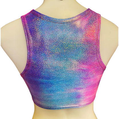 FESTIE BESTIE| Pink/Blue Holographic Underboob Sporty Crop Top, Women's Festival Top, Rave Top