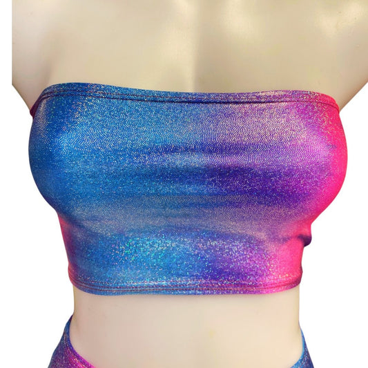 FESTIE BESTIE | Pink/Blue Holographic Tube Top, Women's Festival Top, Rave Top