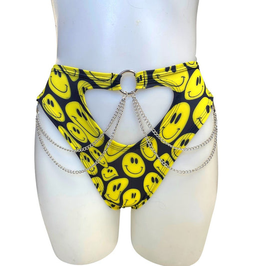 YELLOW Happy | High Waisted High Cut Chain Bottoms wit cut out, Festival Bottoms, Rave Bottoms, Rave Outfit