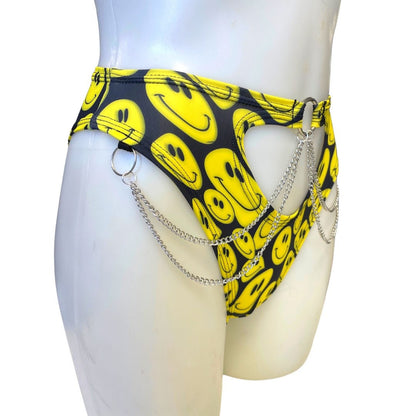 YELLOW Happy | High Waisted High Cut Chain Bottoms wit cut out, Festival Bottoms, Rave Bottoms, Rave Outfit