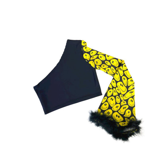 YELLOW HAPPY | One Shoulder Bell sleeve top with Fluff Women's Festival Top, Rave Top