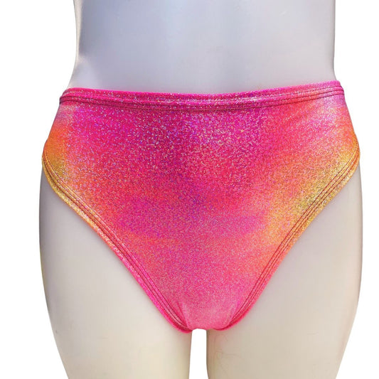 FESTIE BESTIE | Pink/Orange Holographic High Waisted High Cut Bottoms, Festival Bottoms, Rave Bottoms, Rave Outfit