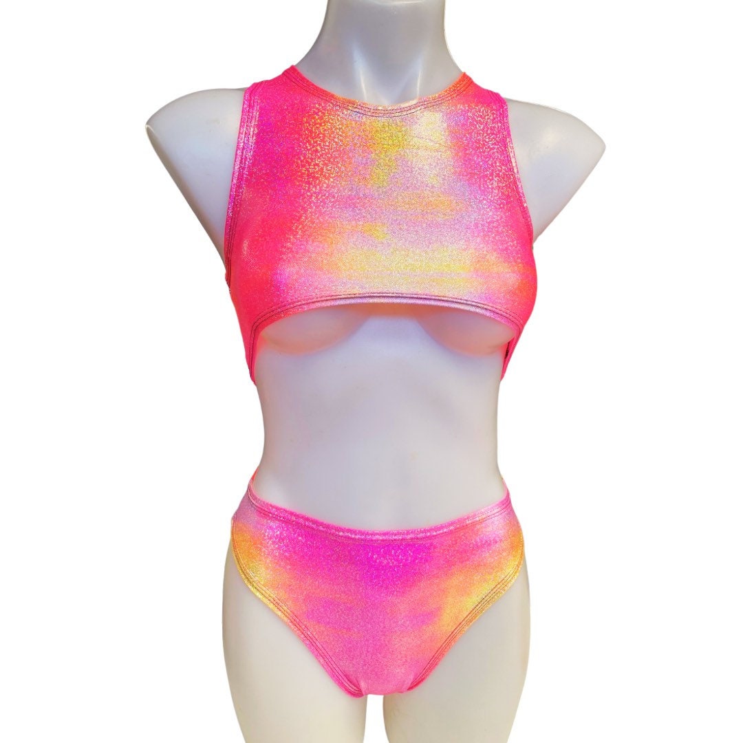 FESTIE BESTIE| Pink/Orange Holographic Underboob Sporty Crop Top, Women's Festival Top, Rave Top