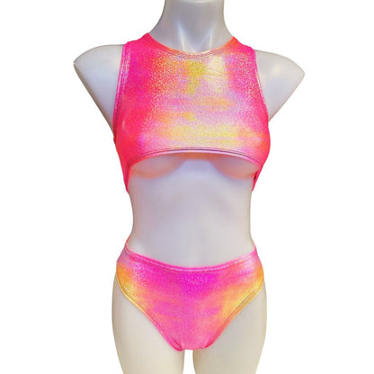 FESTIE BESTIE| Pink/Orange Holographic Underboob Sporty Crop Top, Women's Festival Top, Rave Top