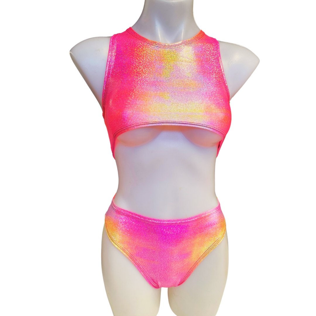 FESTIE BESTIE| Pink/Orange Holographic Underboob Sporty Crop Top, Women's Festival Top, Rave Top