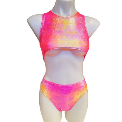 FESTIE BESTIE| Pink/Orange Holographic Underboob Sporty Crop Top, Women's Festival Top, Rave Top