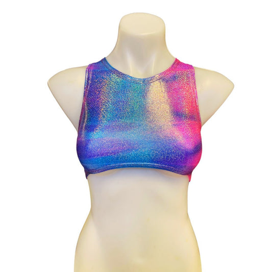 FESTIE BESTIE| Pink/Blue Holographic Underboob Sporty Crop Top, Women's Festival Top, Rave Top
