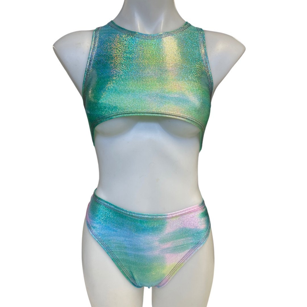 FESTIE BESTIE| Seafoam Holographic Underboob Sporty Crop Top, Women's Festival Top, Rave Top