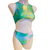 FESTIE BESTIE| Seafoam Holographic Underboob Sporty Crop Top, Women's Festival Top, Rave Top