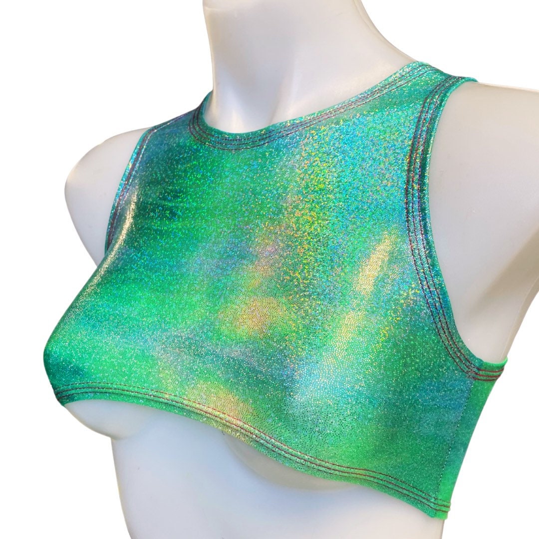 FESTIE BESTIE| Seafoam Holographic Underboob Sporty Crop Top, Women's Festival Top, Rave Top