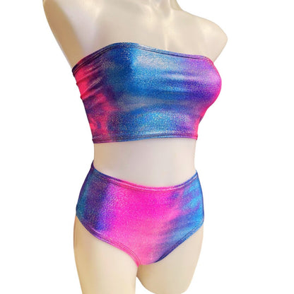 FESTIE BESTIE | Pink/Blue Holographic Tube Top, Women's Festival Top, Rave Top