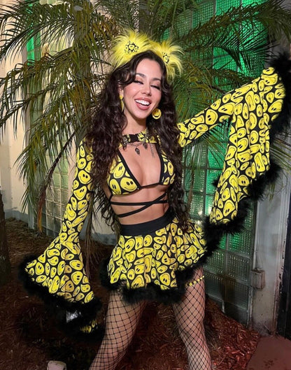 YELLOW happy | Cascade Bell Sleeve with Fluff Buckle Top, Women's Festival Top, Rave Top