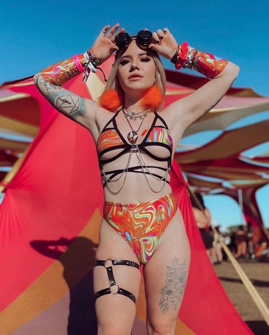 ALL THE GLOW | Chain Cage Top + High Waisted High Cut Bottoms + Gloves, Women's Festival Outfit, Rave Set