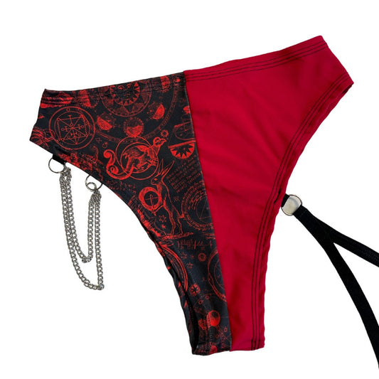 SPELLCASTER | Split High Waisted High Cut Chain Bottoms with Leg Wrap, Festival Bottoms, Rave Bottoms, Black Rave Outfit