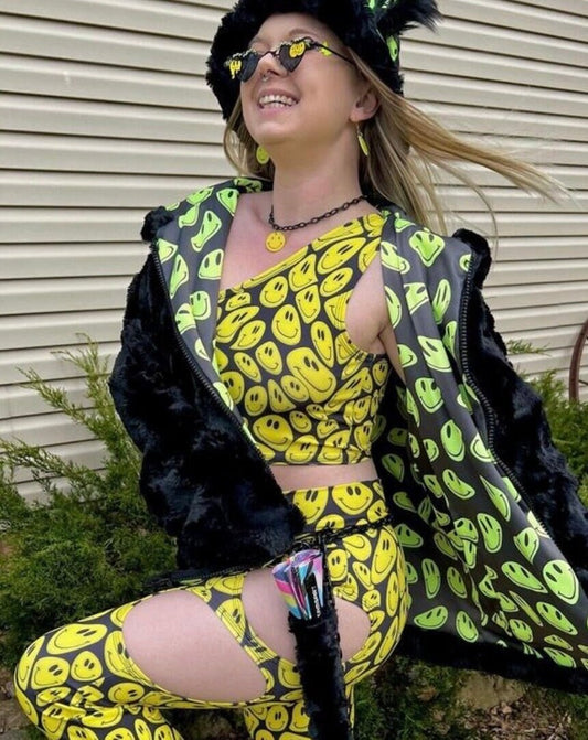 YELLOW HAPPY | One Shoulder Top, Women's Festival Top, Rave Top
