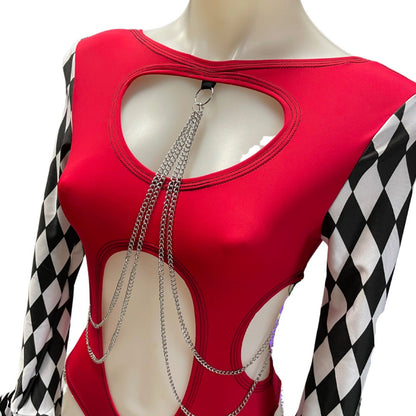 HARLEY | Aria Cut-Out Cascade Bell Sleeve Bodysuit with Fluff and Chain Detail