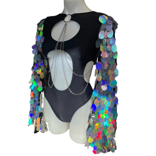 OG SEQUIN  | Black and Holo | Aria Cut-Out Bell Sleeve Bodysuit | chain detail