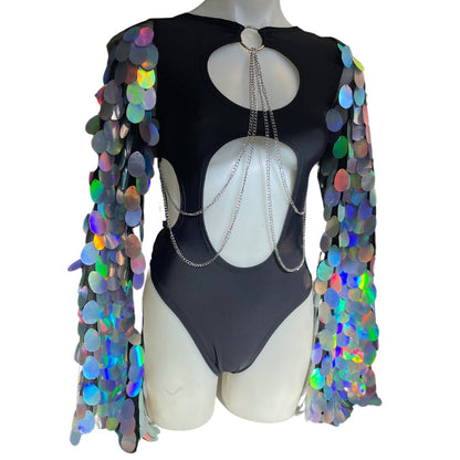 OG SEQUIN  | Black and Holo | Aria Cut-Out Bell Sleeve Bodysuit | chain detail