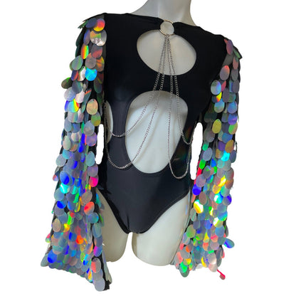 OG SEQUIN  | Black and Holo | Aria Cut-Out Bell Sleeve Bodysuit | chain detail