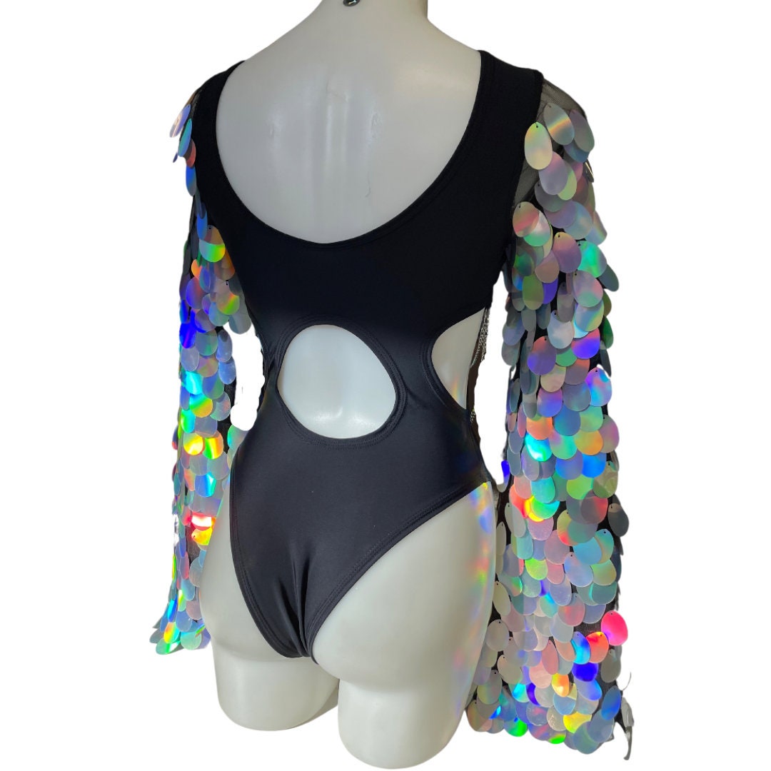 OG SEQUIN  | Black and Holo | Aria Cut-Out Bell Sleeve Bodysuit | chain detail