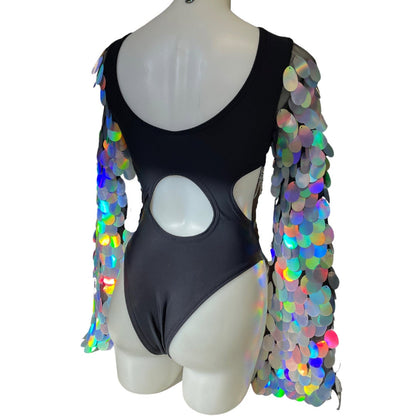 OG SEQUIN  | Black and Holo | Aria Cut-Out Bell Sleeve Bodysuit | chain detail