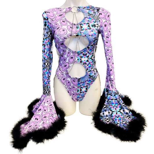 OOAK | Size Medium | Aria Cut-Out Cascade Bell Sleeve Bodysuit with Fluff and Chain Detail