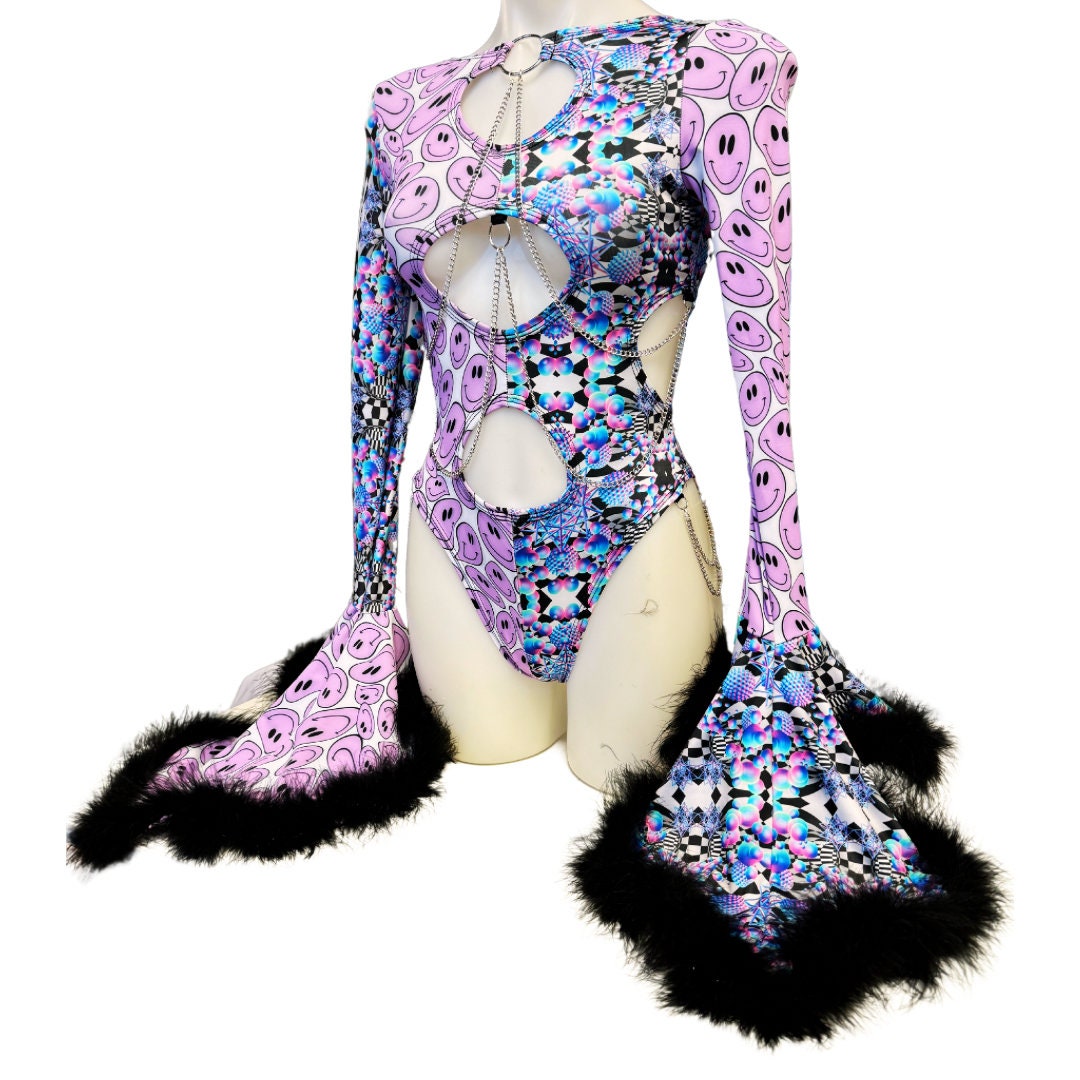 OOAK | Size Medium | Aria Cut-Out Cascade Bell Sleeve Bodysuit with Fluff and Chain Detail