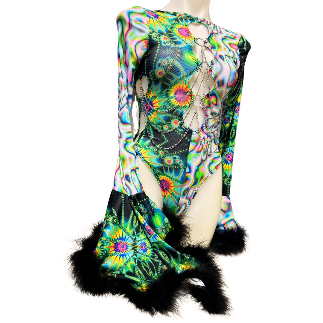 OOAK | Pre ORDER | Aria Cut-Out Cascade Bell Sleeve Bodysuit with Fluff and Chain Detail
