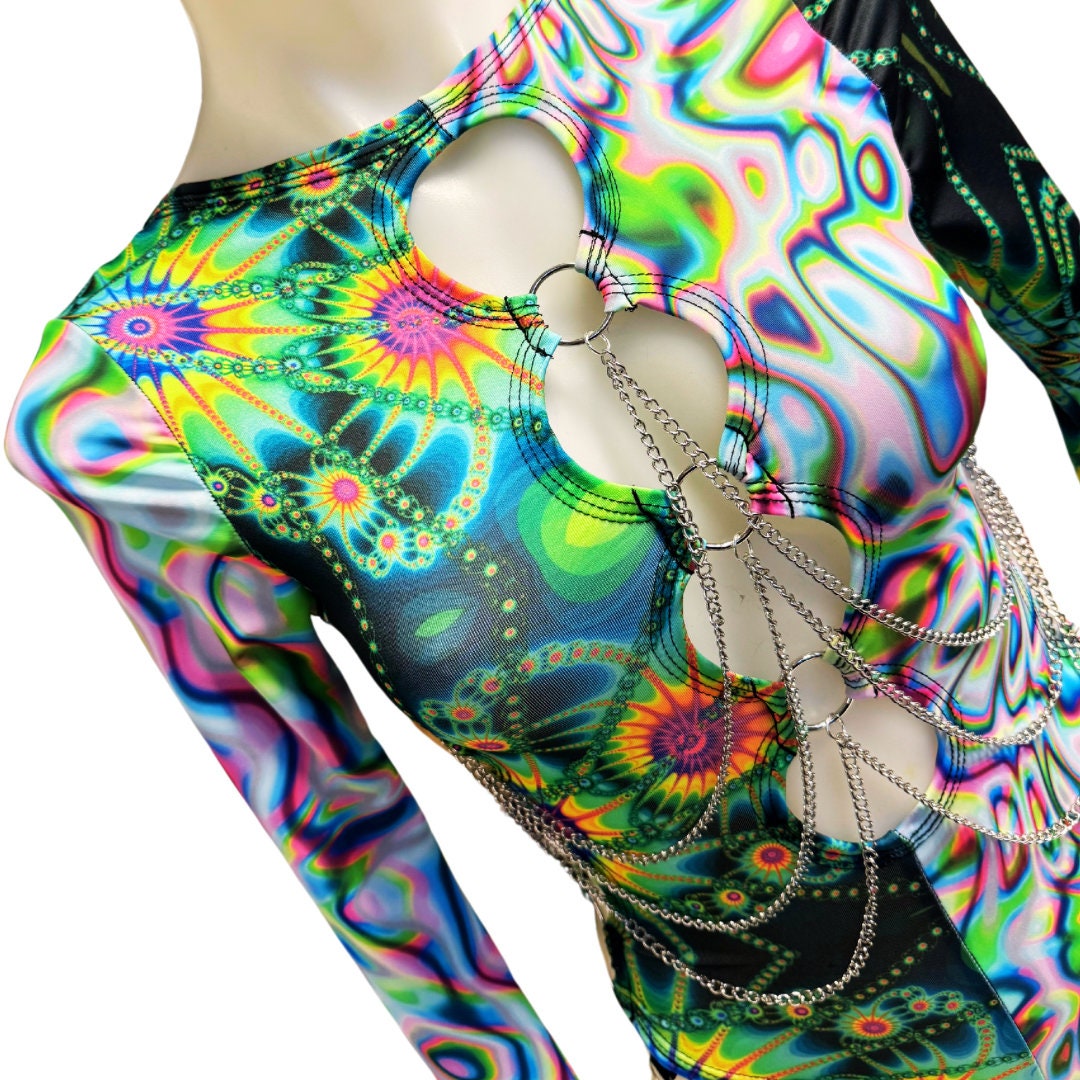 OOAK | Pre ORDER | Aria Cut-Out Cascade Bell Sleeve Bodysuit with Fluff and Chain Detail