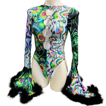 OOAK | Pre ORDER | Aria Cut-Out Cascade Bell Sleeve Bodysuit with Fluff and Chain Detail